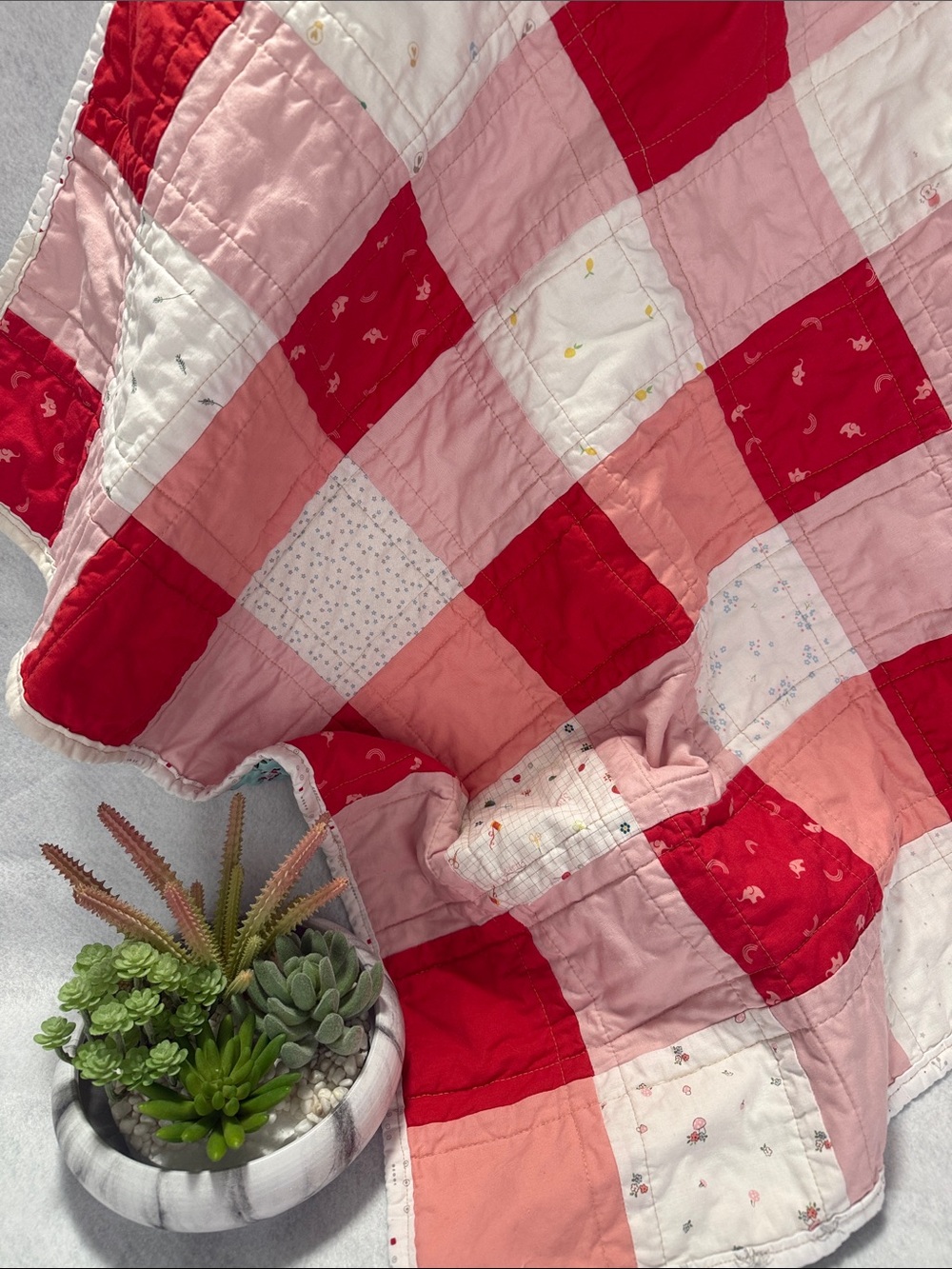 Patchwork Pink & Red Check Quilt - Cozy Home Baby Blanket
